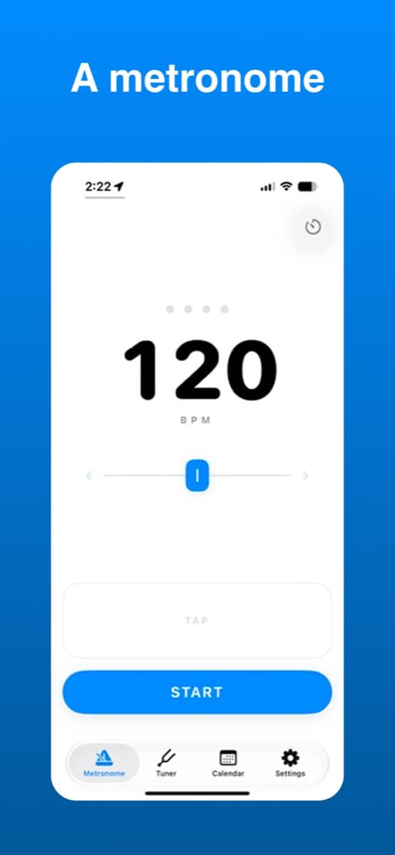 Paradiddle metronome screen showing 120 BPM with a tempo slider, tap pad, and start button