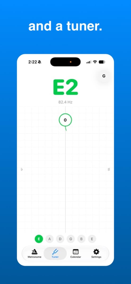 Paradiddle tuner screen showing an in-tune E2 at 82.4 Hz on the pitch trace