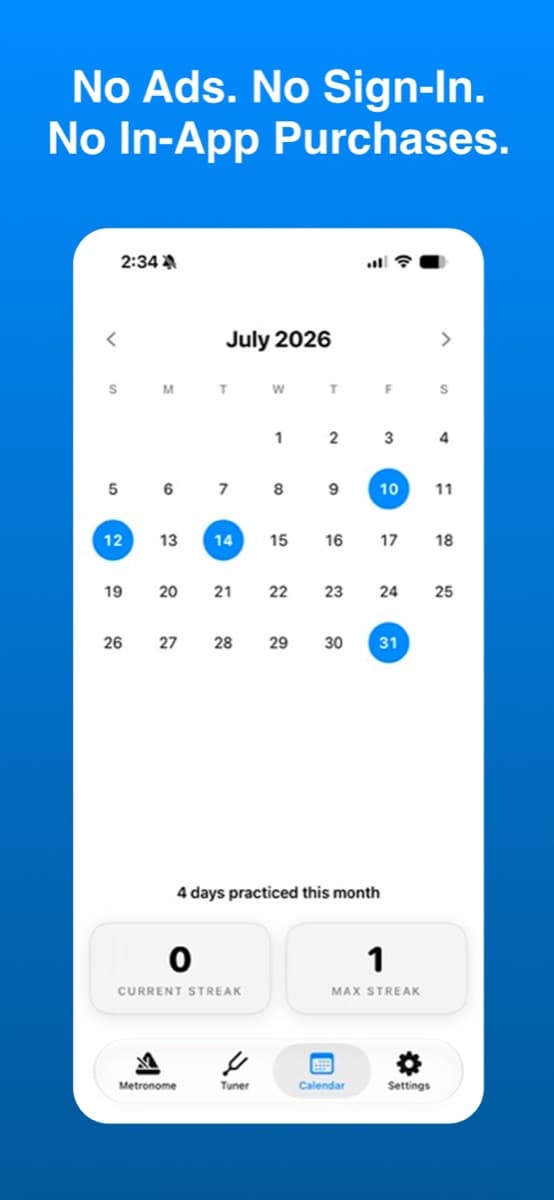 Paradiddle practice calendar for July 2026 showing practiced days and streak counts